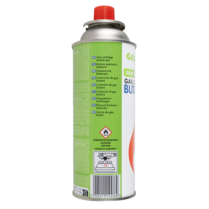 Palnik na kartusze Alpen Camping, temperatura płomienia 1300 st. C., zapłon piezoelektryczny, regulacja płomienia, ETNA + 4x Kartusz gazowy 227g GreenBlue. certyfikat: Pi 0875, zgodny z normą EN417