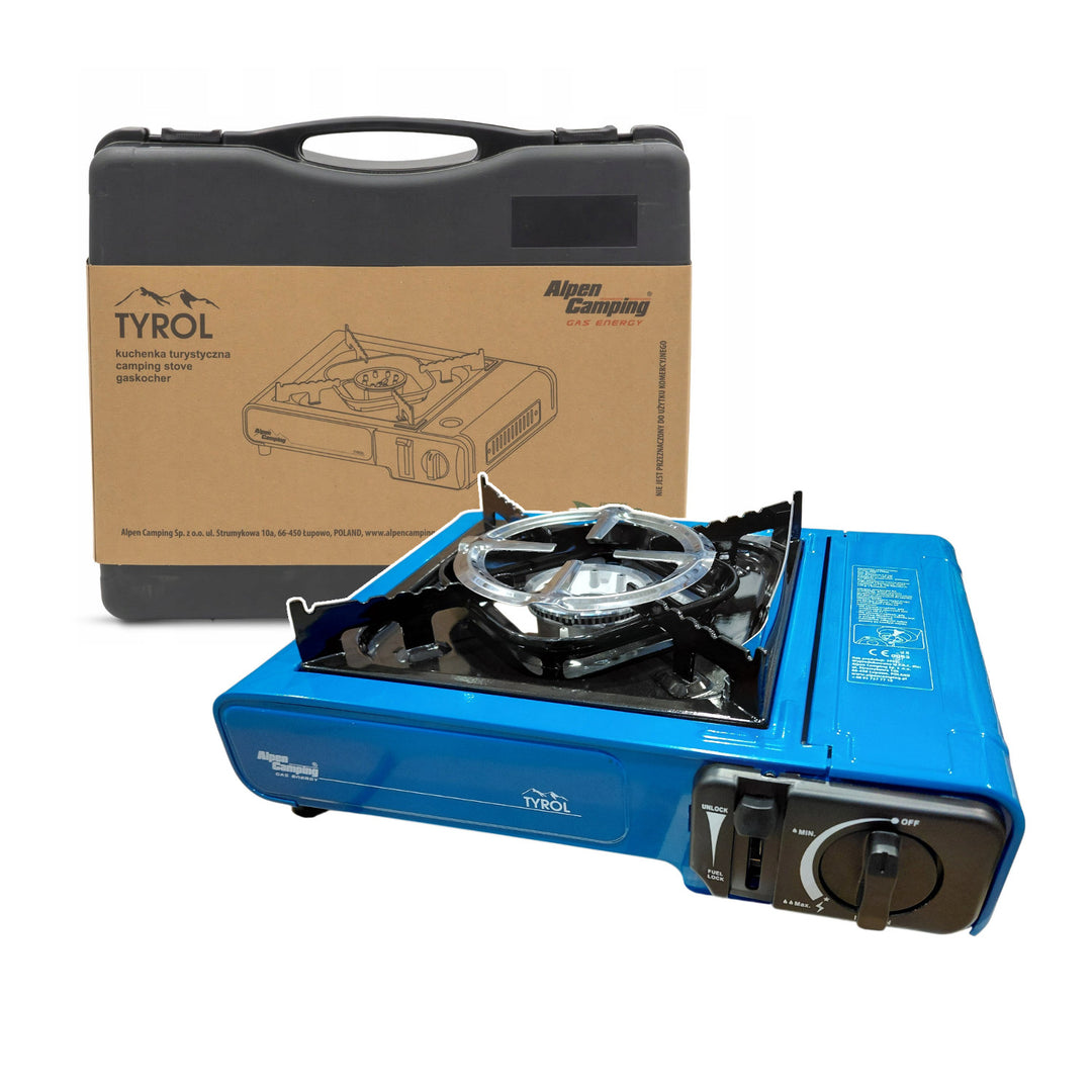 Kuchenka turystyczna Alpen Camping, moc: 2.0 kW, zużycie gazu 146g/h, zapłon piezoelektryczny, TYROL+ 4x Kartusz gazowy 227g GreenBlue. certyfikat: Pi 0875, zgodny z normą EN417