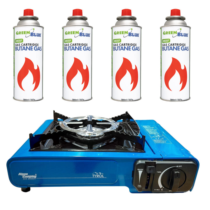 Kuchenka turystyczna Alpen Camping, moc: 2.0 kW, zużycie gazu 146g/h, zapłon piezoelektryczny, TYROL+ 4x Kartusz gazowy 227g GreenBlue. certyfikat: Pi 0875, zgodny z normą EN417