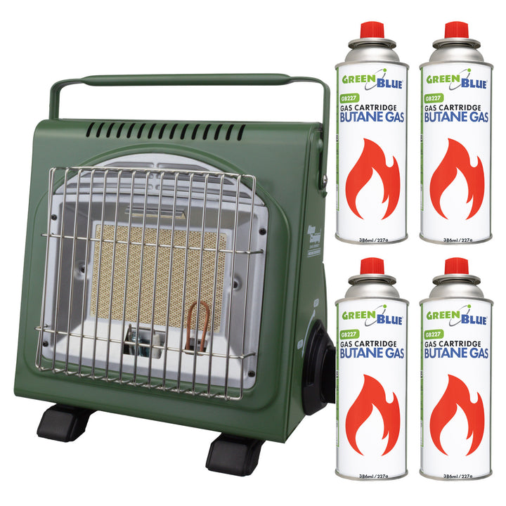 Przenośny piecyk gazowy Alpen Camping, 2w1, zużycie gazu 124g/h, zapłon piezoelektryczny, ICELAND IK-1000 PRO+ 4x Kartusz gazowy 227g GreenBlue. certyfikat: Pi 0875, zgodny z normą EN417