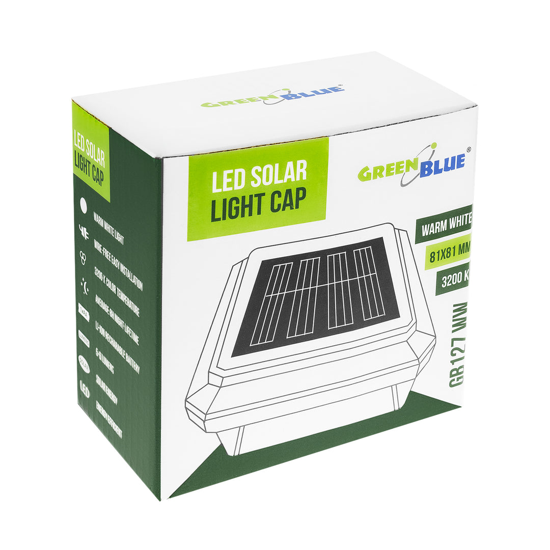 Lampa solarna LED na słupek GreenBlue, 80x80mm, daszek kopertowy, 3200K, GB127 WW, 2 sztuki