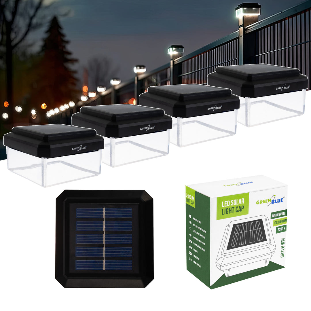 Lampa solarna LED na słupek GreenBlue, 100x100mm, daszek kopertowy, 3200K, GB128 WW, 4 sztuki