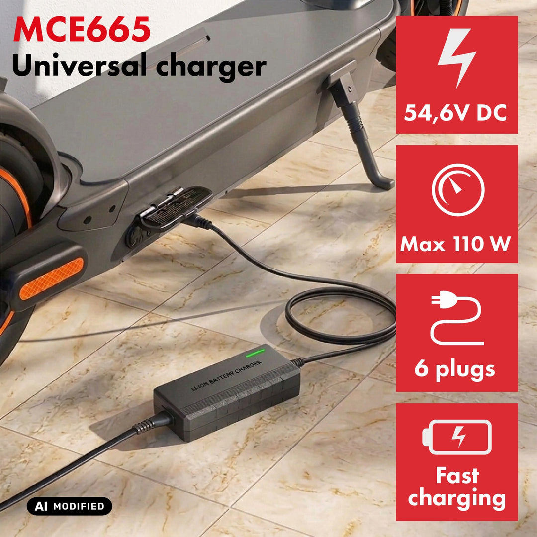 Uniwersalna ładowarka / Zasilacz Maclean Energy, do hulajnóg, 54,6V DC, 2A, Max 110W, Fast Charging, 6 wtyczek, MCE665
