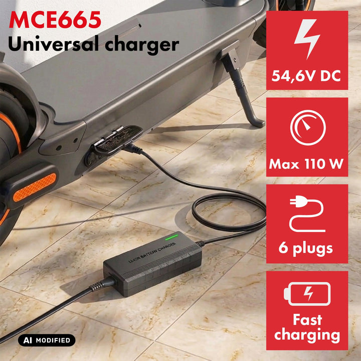 Uniwersalna ładowarka / Zasilacz Maclean Energy, do hulajnóg, 54,6V DC, 2A, Max 110W, Fast Charging, 6 wtyczek, MCE665