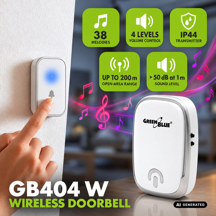Dzwonek bezprzewodowy GreenBlue, 38 melodii, 90dB, biały, zasięg do 200m, GB404 W