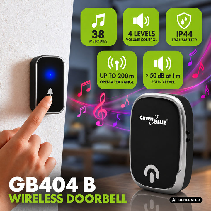 Dzwonek bezprzewodowy GreenBlue, 38 melodii, 90dB, czarny, zasięg do 200m, GB404 B