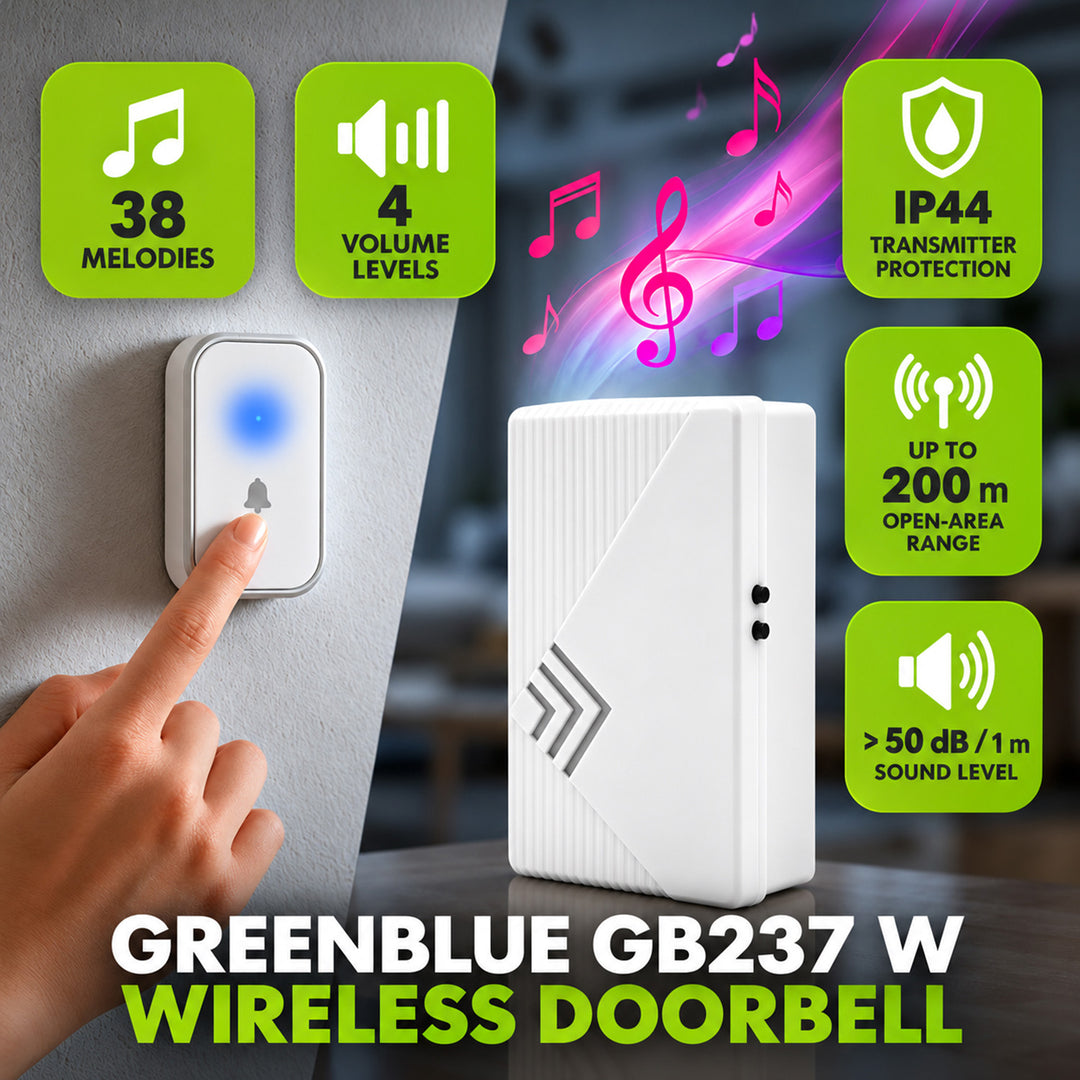 Dzwonek bezprzewodowy GreenBlue, 38 melodii, 90dB, biały, zasięg do 200m, GB237 W