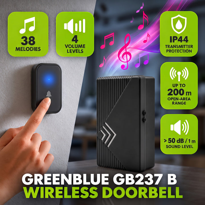 Dzwonek bezprzewodowy GreenBlue, 38 melodii, 90dB, czarny, zasięg do 200m, GB237 B