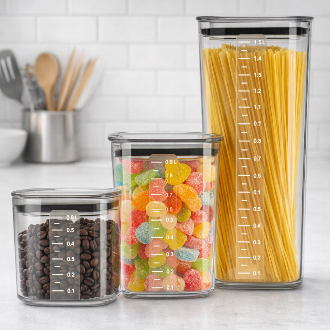 Pojemniki kuchenne Practic, na produkty sypkie, pojemność 0,6l, 0,9l, 1,5L, pokrywki z uszczelką,