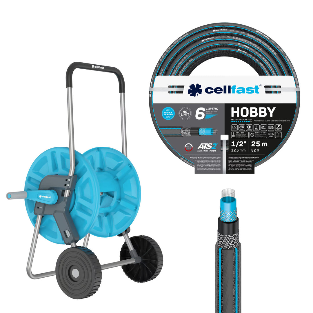 Wózek na wąż Cellfast Aluplus 1/2" 60m + wąż ogrodowy Cellfast Hobby ATS2 1/2" 25m