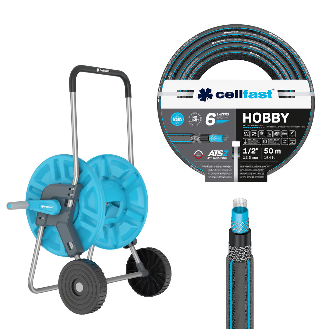 Wózek na wąż Cellfast Aluplus 1/2" 60m + wąż ogrodowy Cellfast Hobby ATS2 1/2" 50m