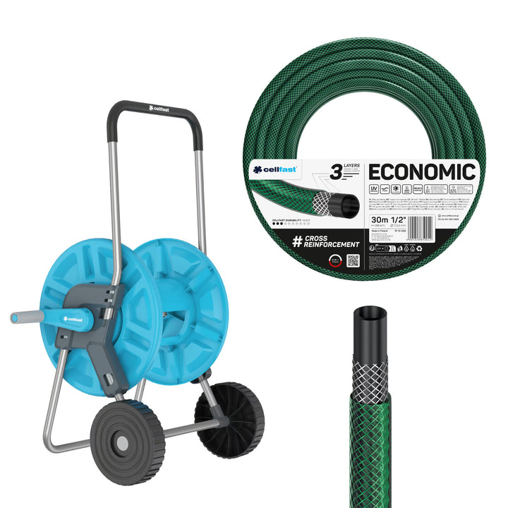 Wózek na wąż Cellfast Aluplus 1/2" 60m + wąż ogrodowy Cellfast Economic 1/2" 30m