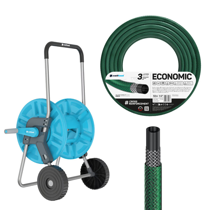 Wózek na wąż Cellfast Aluplus 1/2" 60m + wąż ogrodowy Cellfast Economic 1/2" 50m