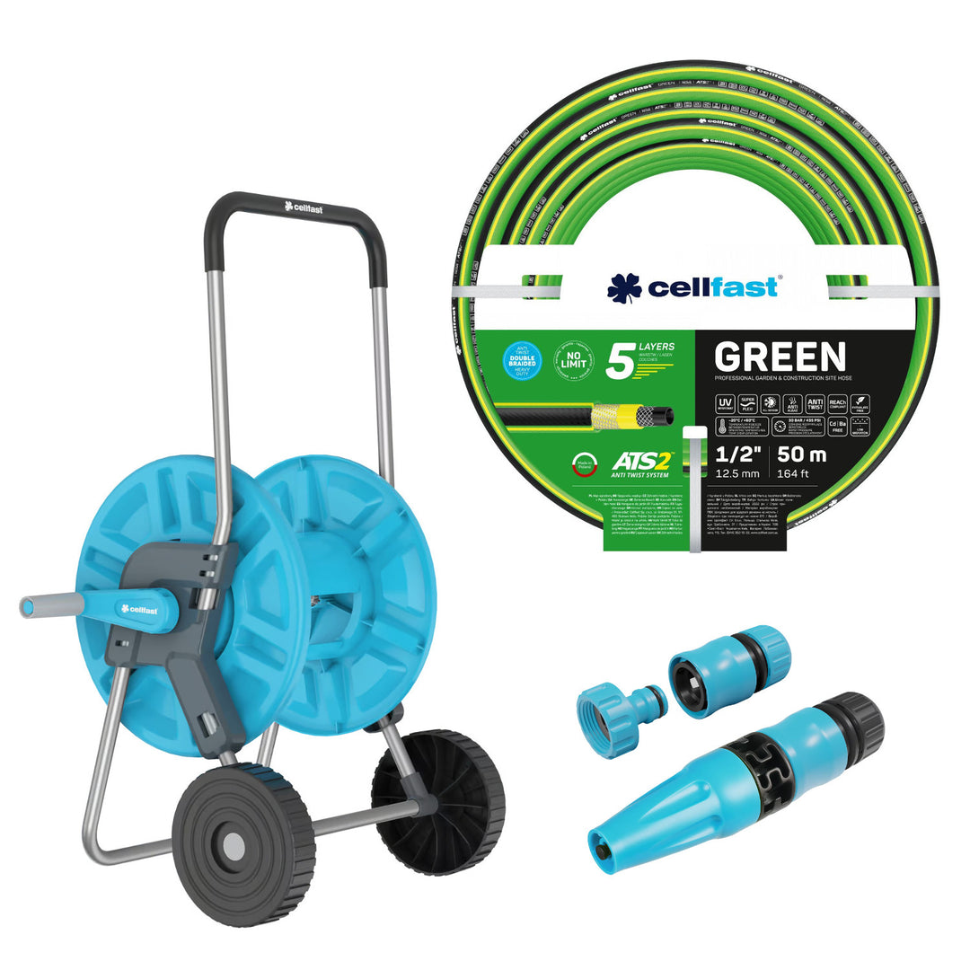 Wózek na wąż Cellfast Aluplus 1/2" 60m + wąż ogrodowy Cellfast Green ATS2 1/2" 50m + zestaw ze zraszaczem prostym Cellfast Basic 1/2"