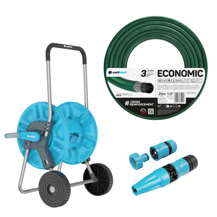 Wózek na wąż Cellfast Aluplus 1/2" 60m + wąż ogrodowy Cellfast Economic 1/2" 20m+ zestaw ze zraszaczem prostym Cellfast Basic 1/2"