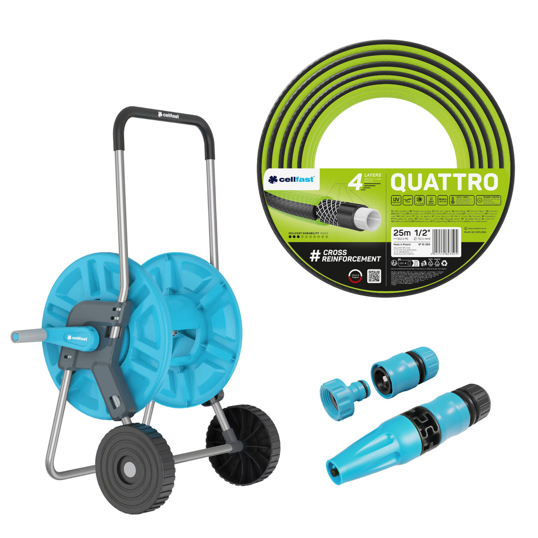Wózek na wąż Cellfast Aluplus 1/2" 60m + wąż ogrodowy Cellfast Quattro 1/2" 25m+ zestaw ze zraszaczem prostym Cellfast Basic 1/2"