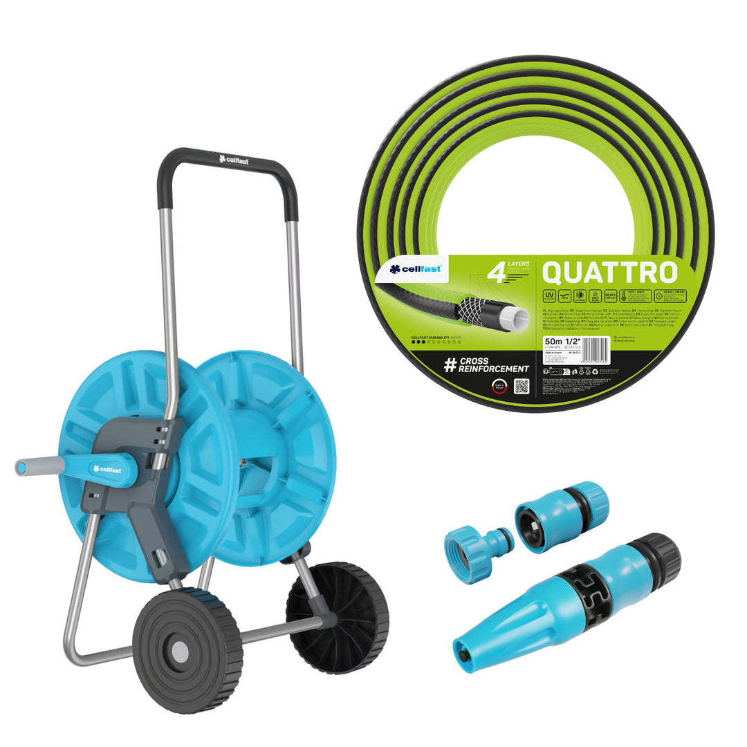 Wózek na wąż Cellfast Aluplus 1/2" 60m + wąż ogrodowy Cellfast Quattro 1/2" 50m+ zestaw ze zraszaczem prostym Cellfast Basic 1/2"