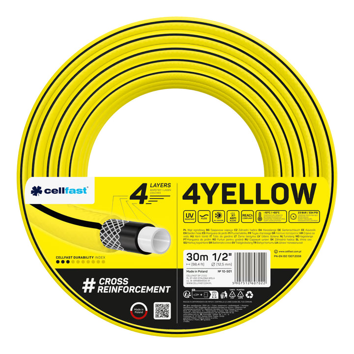Wózek na wąż Cellfast Aluplus 1/2" 60m + wąż ogrodowy Cellfast 4YELLOW 1/2" 30m+ zestaw ze zraszaczem prostym Cellfast Basic 1/2"