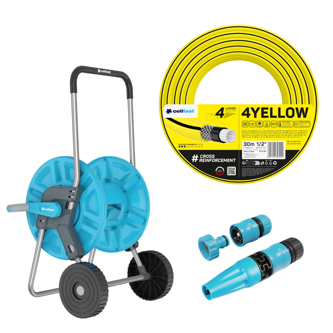 Wózek na wąż Cellfast Aluplus 1/2" 60m + wąż ogrodowy Cellfast 4YELLOW 1/2" 30m+ zestaw ze zraszaczem prostym Cellfast Basic 1/2"