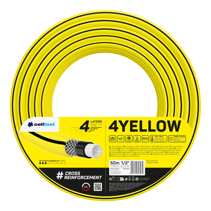 Wózek na wąż Cellfast Aluplus 1/2" 60m + wąż ogrodowy Cellfast 4YELLOW 1/2" 50m+ zestaw ze zraszaczem prostym Cellfast Basic 1/2"