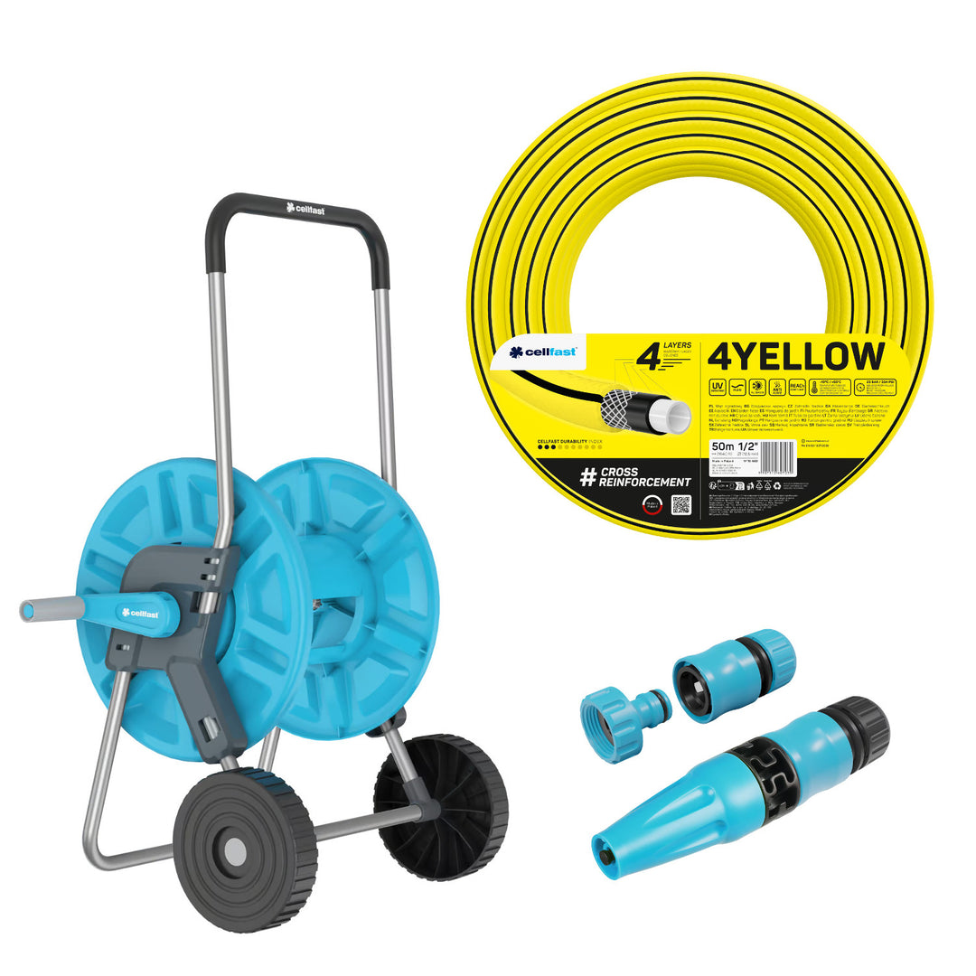 Wózek na wąż Cellfast Aluplus 1/2" 60m + wąż ogrodowy Cellfast 4YELLOW 1/2" 50m+ zestaw ze zraszaczem prostym Cellfast Basic 1/2"