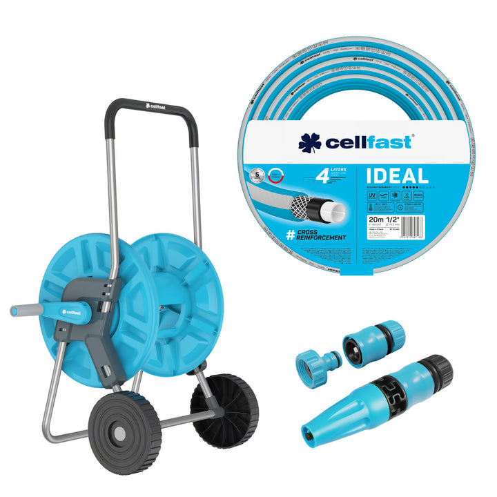 Wózek na wąż Cellfast Aluplus 1/2" 60m + Wąż ogrodowy Cellfast IDEAL 1/2" 20m+ Zestaw ze zraszaczem prostym Cellfast Basic 1/2"
