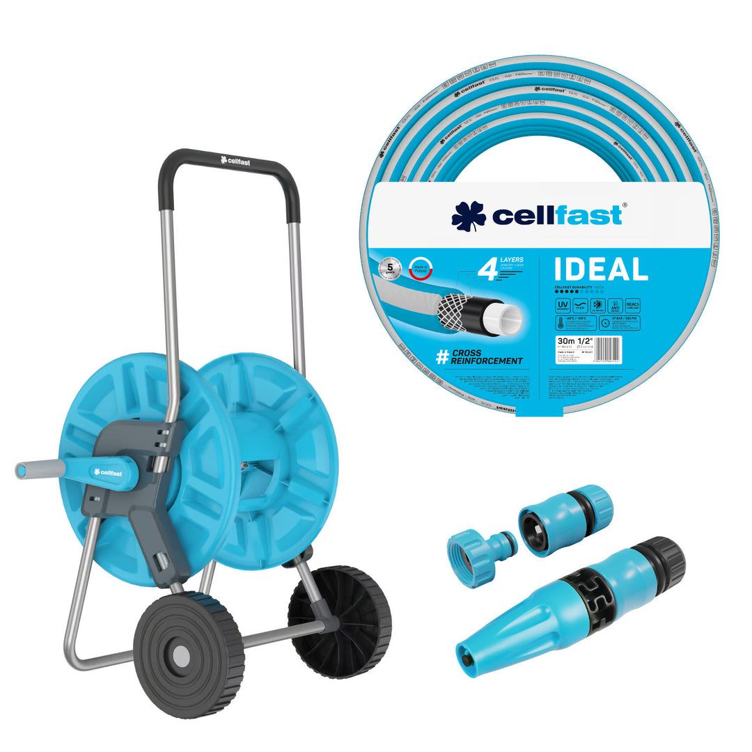 Wózek na wąż Cellfast Aluplus 1/2" 60m + Wąż ogrodowy Cellfast IDEAL 1/2" 30m+ Zestaw ze zraszaczem prostym Cellfast Basic 1/2"