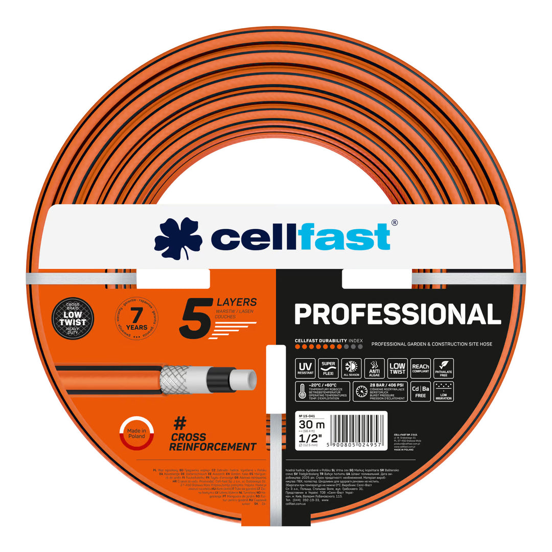 Wózek na wąż Cellfast Aluplus 1/2" 60m + Wąż ogrodowy Cellfast, PROFESSIONAL 1/2" 30 m+ Zestaw ze zraszaczem prostym Cellfast Basic 1/2"