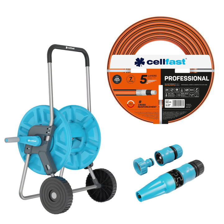 Wózek na wąż Cellfast Aluplus 1/2" 60m + Wąż ogrodowy Cellfast, PROFESSIONAL 1/2" 50 m+ Zestaw ze zraszaczem prostym Cellfast Basic 1/2"