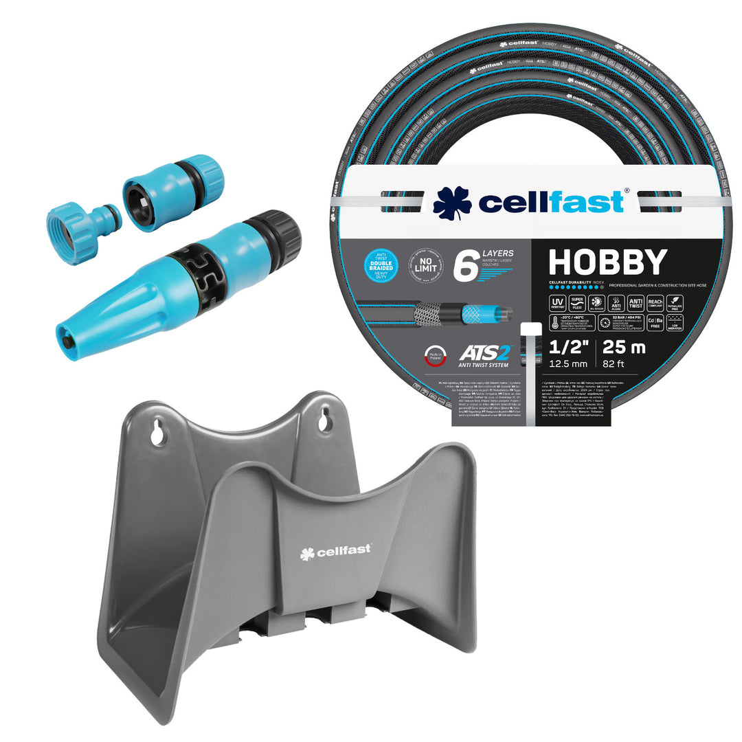 Wąż ogrodowy Cellfast Hobby ATS2 1/2" 25m + wieszak na wąż Cellfast szary + zestaw ze zraszaczem prostym Cellfast Basic 1/2"