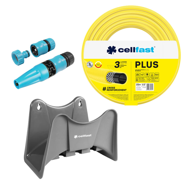Wąż ogrodowy Cellfast Plus 1/2" 25m + wieszak na wąż Cellfast szary + zestaw ze zraszaczem prostym Cellfast Basic 1/2"