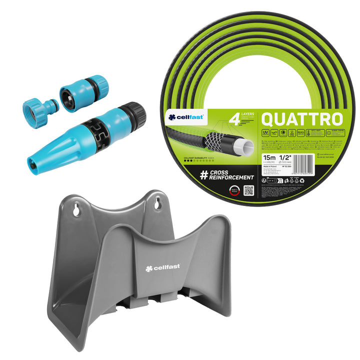 Wąż ogrodowy Cellfast Quattro 1/2" 15m + wieszak na wąż Cellfast szary + zestaw ze zraszaczem prostym Cellfast Basic 1/2"
