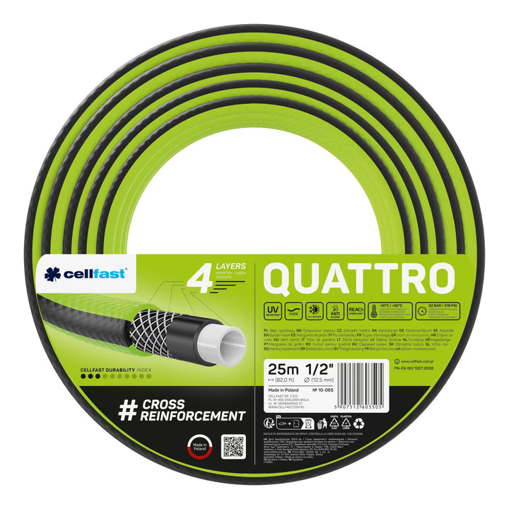 Wąż ogrodowy Cellfast Quattro 1/2" 25m + wieszak na wąż Cellfast szary + zestaw ze zraszaczem prostym Cellfast Basic 1/2"
