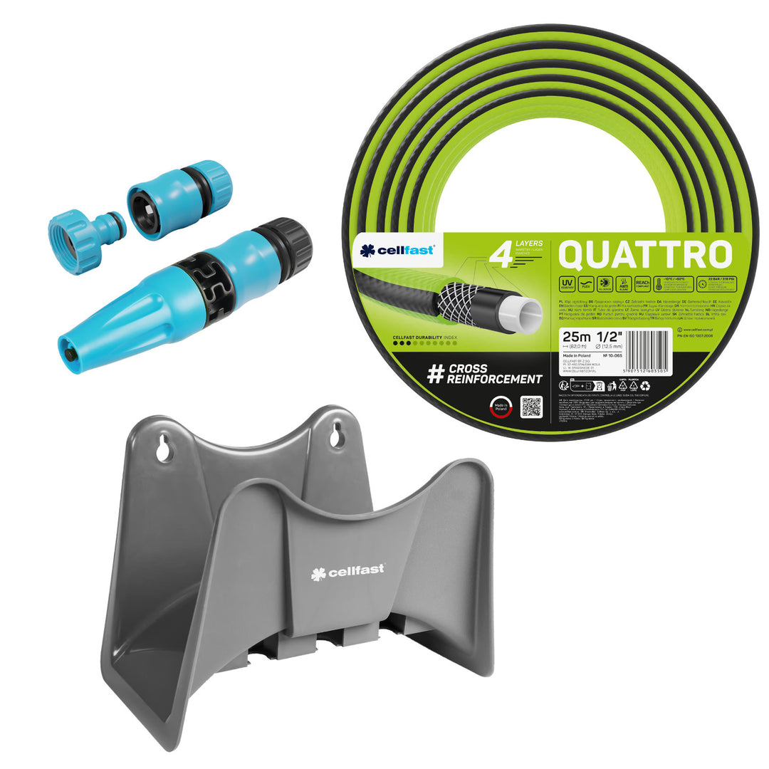 Wąż ogrodowy Cellfast Quattro 1/2" 25m + wieszak na wąż Cellfast szary + zestaw ze zraszaczem prostym Cellfast Basic 1/2"