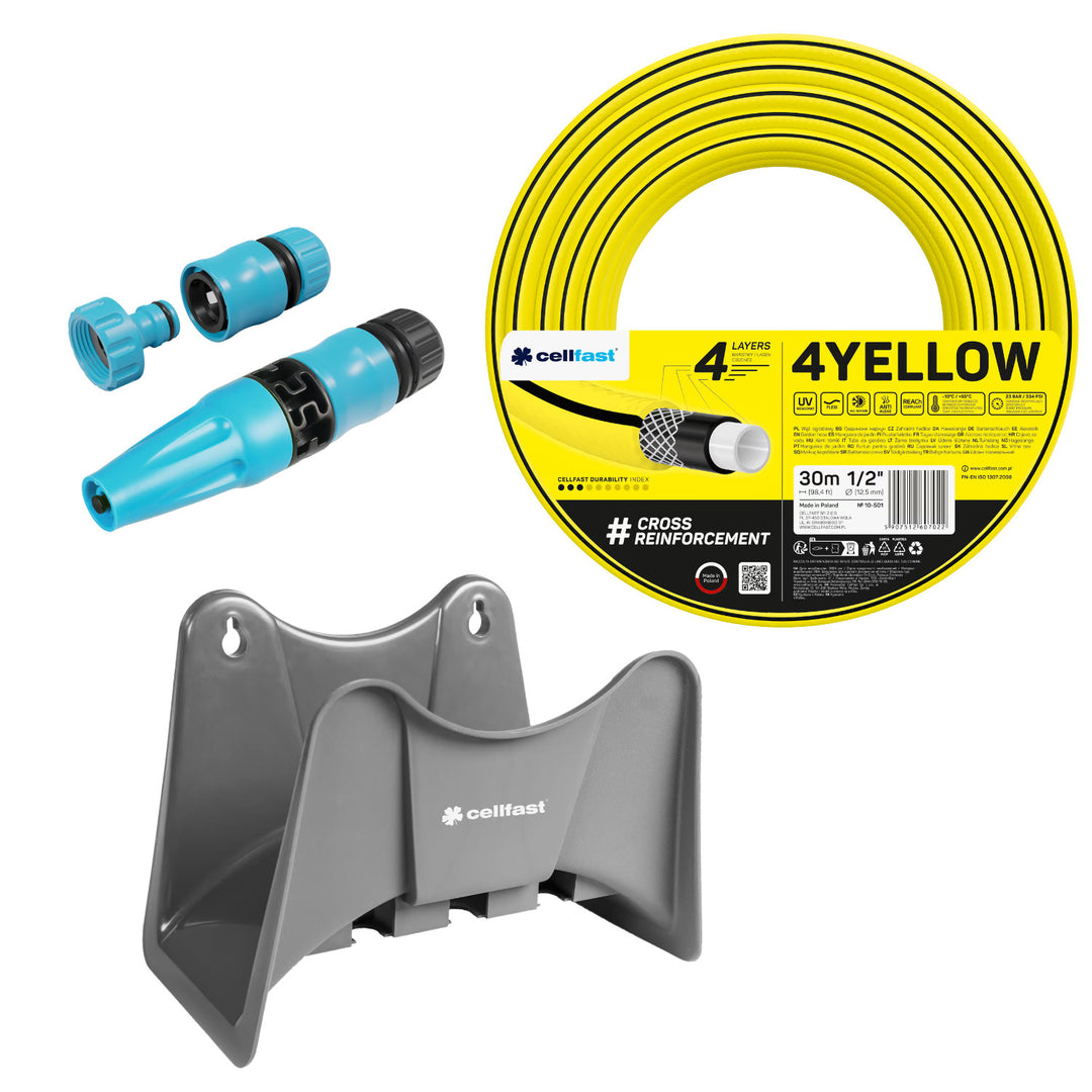Wąż ogrodowy Cellfast 4YELLOW 1/2" 30m + wieszak na wąż Cellfast szary + zestaw ze zraszaczem prostym Cellfast Basic 1/2"