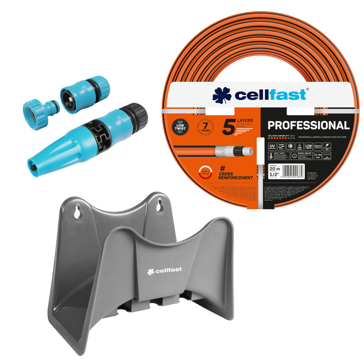 Wąż ogrodowy Cellfast, PROFESSIONAL 1/2" 20 m + wieszak na wąż Cellfast szary +  zestaw ze zraszaczem prostym Cellfast Basic 1/2"