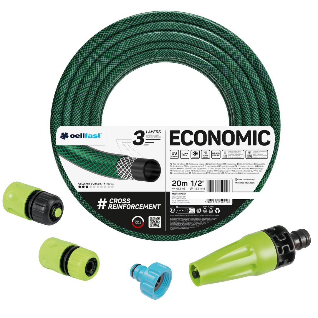 Wąż ogrodowy Cellfast Economic 1/2" 20m + zraszacz prosty + przyłącze z gwintem wewn. 3/4" + szybkozłącze przelot i stop 1/2"