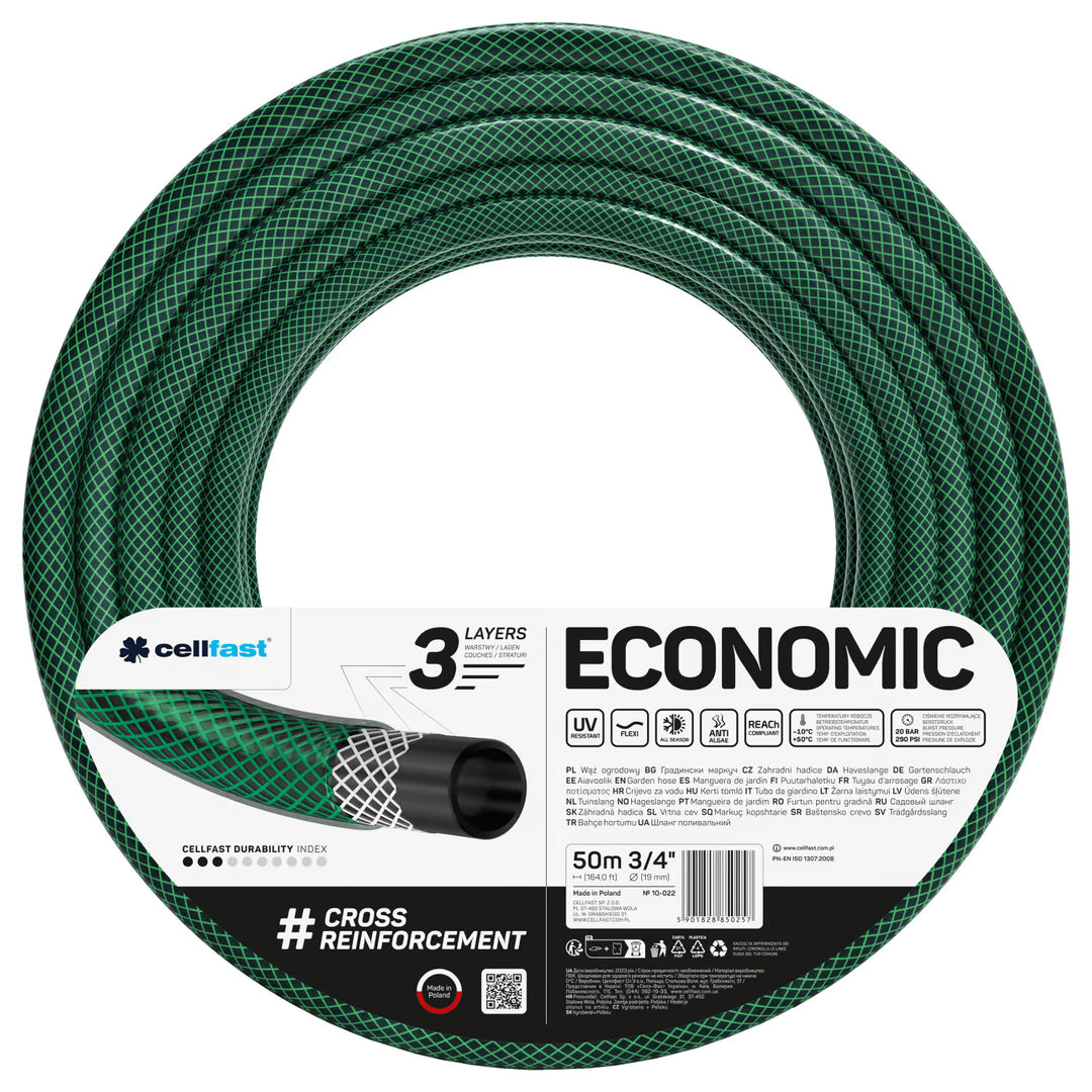 Wąż ogrodowy Cellfast Economic 3/4" 50m + szybkozłącze stop i przelot 3/4" + przyłącze z gwintem wewn. 3/4" + zraszacz obrotowy + zraszacz pistoletowy
