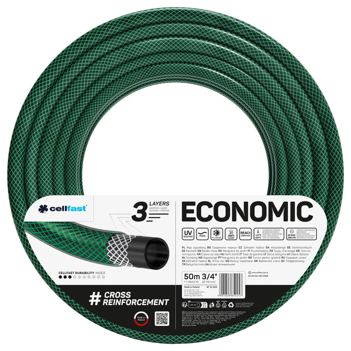 Wąż ogrodowy Cellfast Economic 3/4" 50m + szybkozłącze stop i przelot 3/4" + przyłącze z gwintem wewn. 3/4" + zraszacz obrotowy + zraszacz pistoletowy