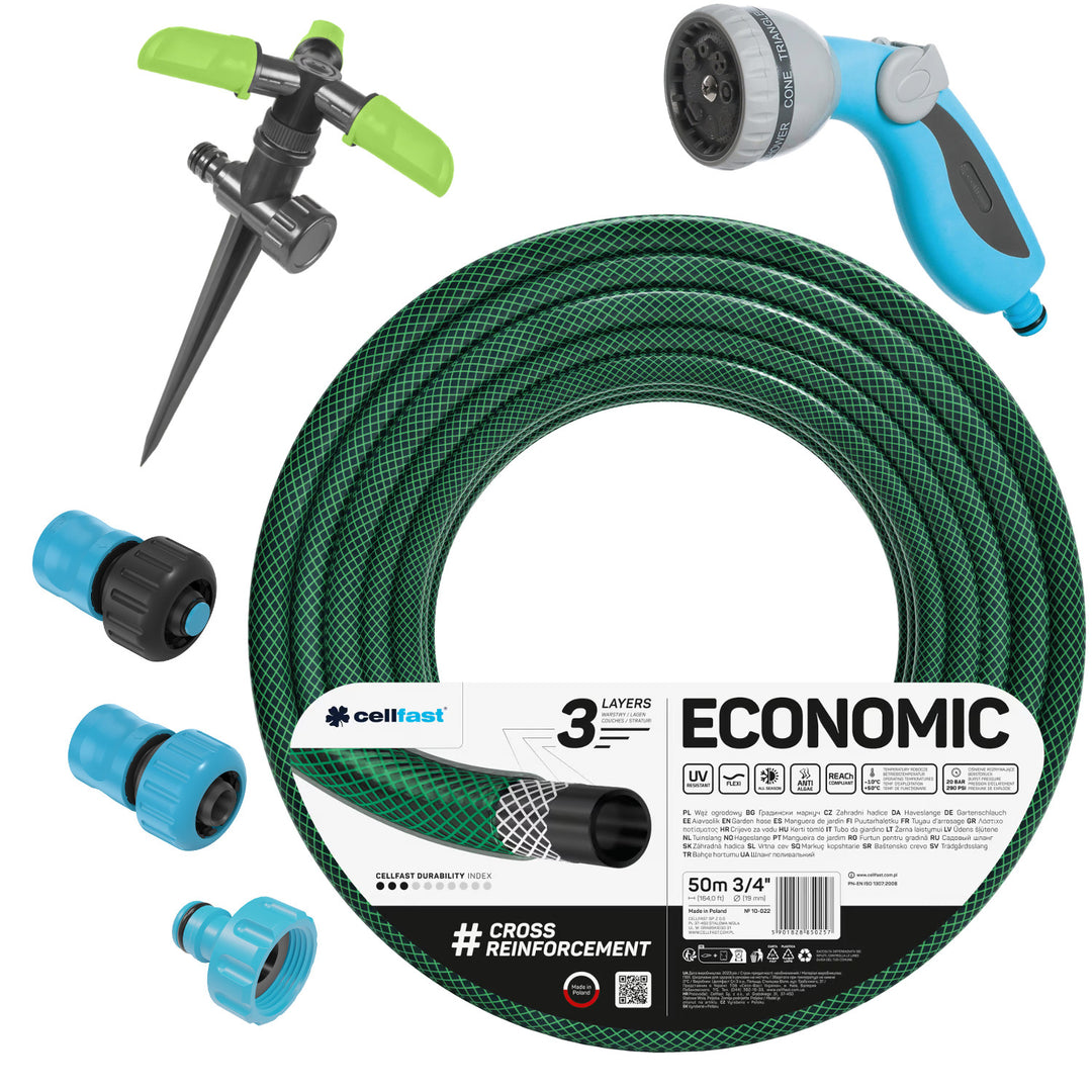 Wąż ogrodowy Cellfast Economic 3/4" 50m + szybkozłącze stop i przelot 3/4" + przyłącze z gwintem wewn. 3/4" + zraszacz obrotowy + zraszacz pistoletowy