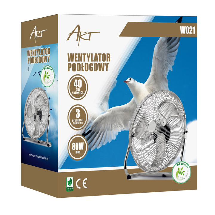 Wentylator podłogowy HanksAir, moc 80W, 3 poziomy pracy, wykonany ze stali chromowanej, średnica 40cm, długość przewodu 1,5m, W021