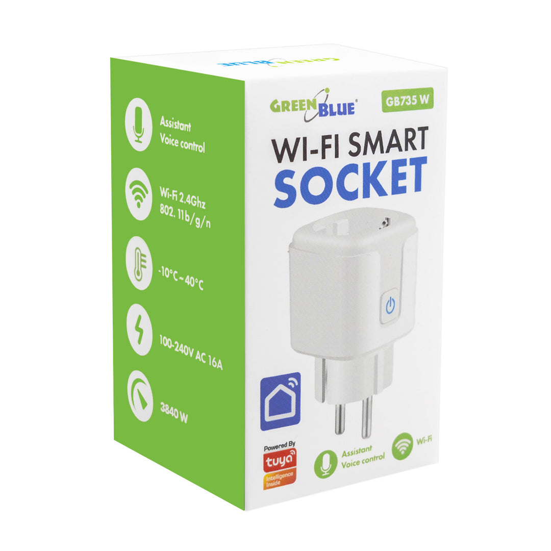 Zdalnie sterowane gniazdko WiFi GreenBlue, Android/iOS/Alexa/Google Home, timer, watomierz, max 16A/3840W, GB735 W, 2 sztuki