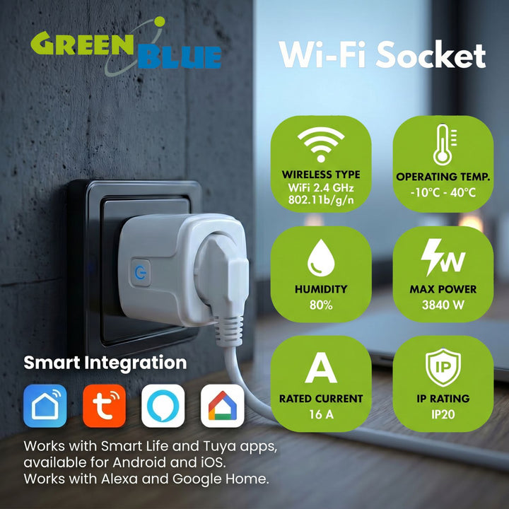 Zdalnie sterowane gniazdko WiFi GreenBlue, Android/iOS/Alexa/Google Home, timer, watomierz, max 16A/3840W, GB735 W, 2 sztuki