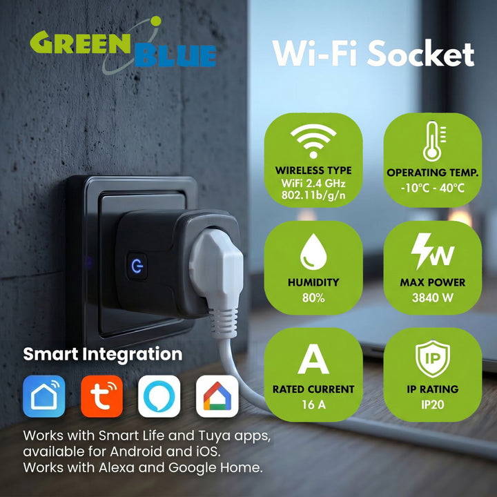 Zdalnie sterowane gniazdko WiFi GreenBlue, Android/iOS/Alexa/Google Home, timer, watomierz, max 16A/3840W, GB735 B, 2 sztuki