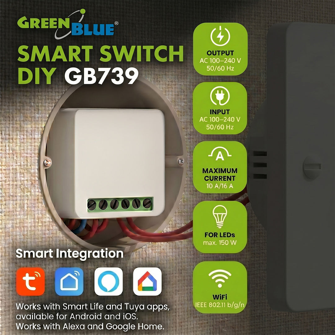 Przekaźnik WiFi dopuszkowy GreenBlue, Android/iOS/Alexa/Google Home,100-240V AC, 50/60Hz, max.16A, dla LED 150W, GB739, 4 sztuki