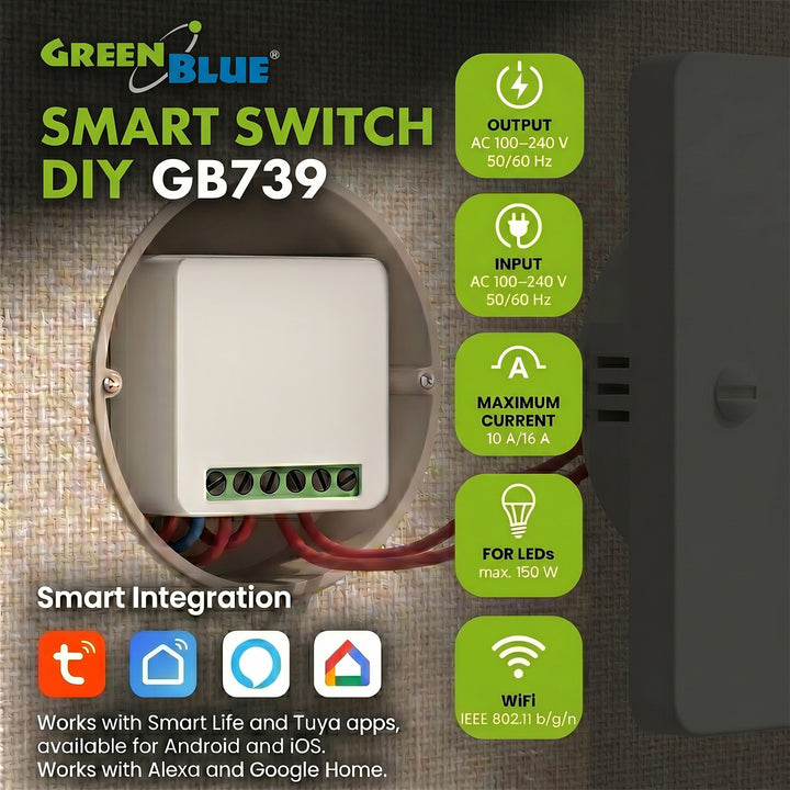 Przekaźnik WiFi dopuszkowy GreenBlue, Android/iOS/Alexa/Google Home,100-240V AC, 50/60Hz, max.16A, dla LED 150W, GB739, 4 sztuki