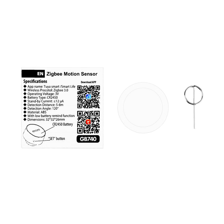 Bezprzewodowy czujnik ruchu Zigbee Tuya GreenBlue, Android/iOS/,CR2450 DC 3.0V, zakr. detekcji 120° / do 8m, GB740, 2 sztuki