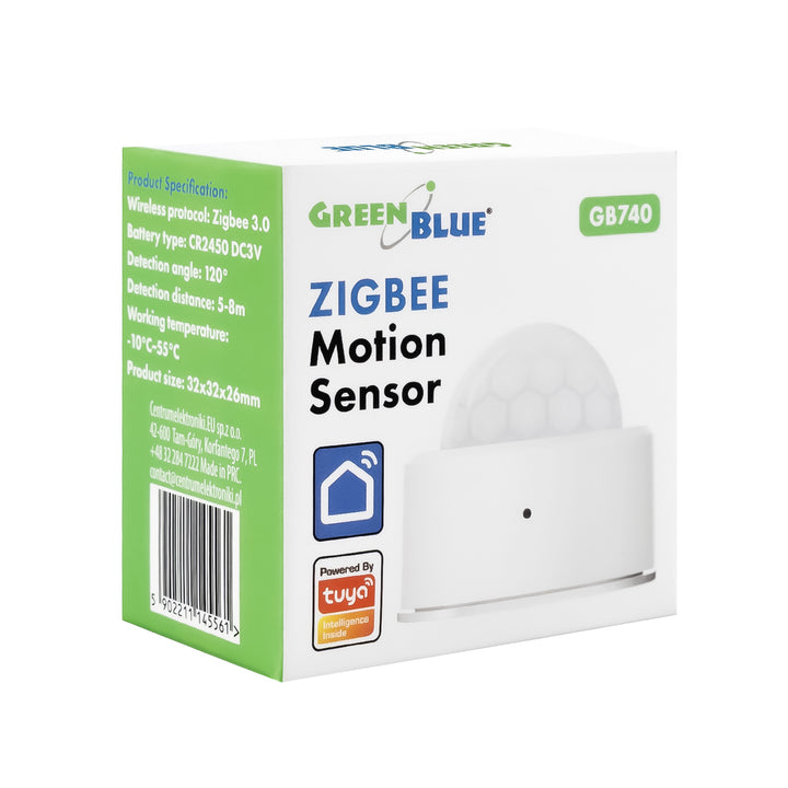 Bezprzewodowy czujnik ruchu Zigbee Tuya GreenBlue, Android/iOS/,CR2450 DC 3.0V, zakr. detekcji 120° / do 8m, GB740, 2 sztuki