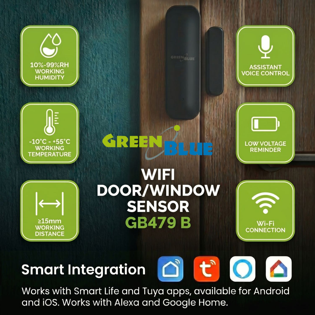 Bezprzewodowy kontraktron / czujnik otwarcia WiFi GreenBlue, Android/iOS, do drzwi / okien, 3.0V DC, LR03x2, GB479 B, 2 komplety