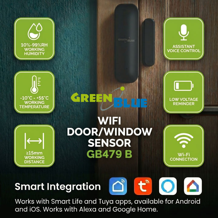 Bezprzewodowy kontraktron / czujnik otwarcia WiFi GreenBlue, Android/iOS, do drzwi / okien, 3.0V DC, LR03x2, GB479 B, 2 komplety